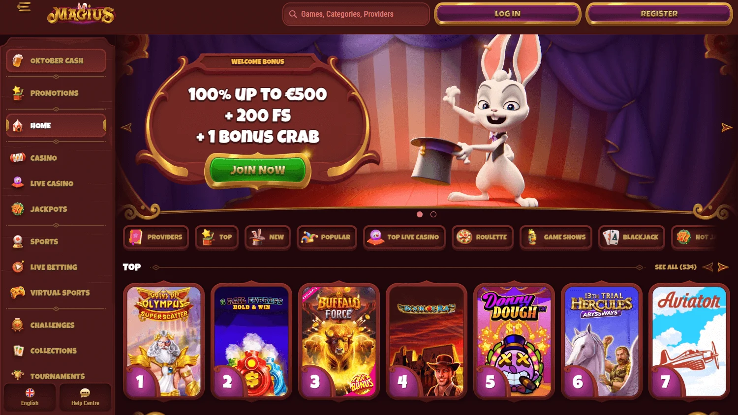 Magius Casino home interface on a desktop screen