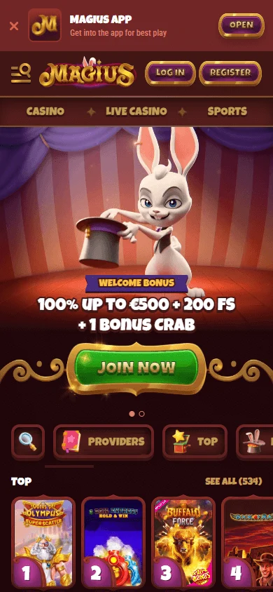 Magius Casino home interface on a mobile screen