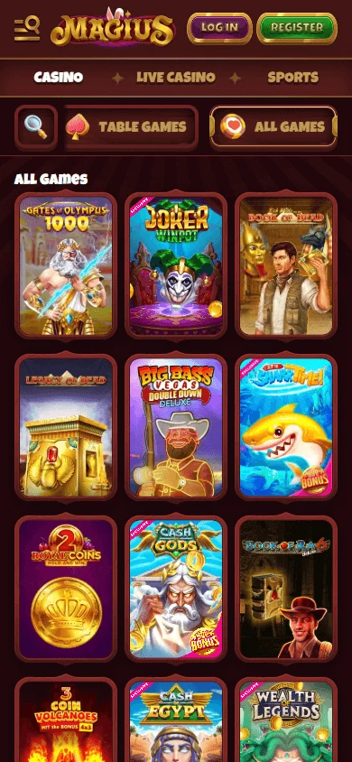 Magius Casino games lobby on a mobile screen