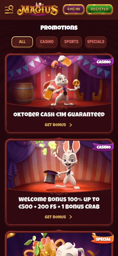 Magius Casino promotions area on a mobile screen