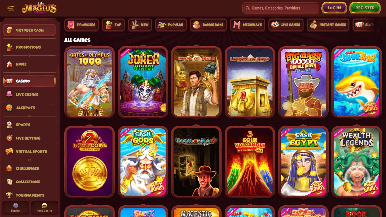 Magius Casino games lobby on a desktop screen